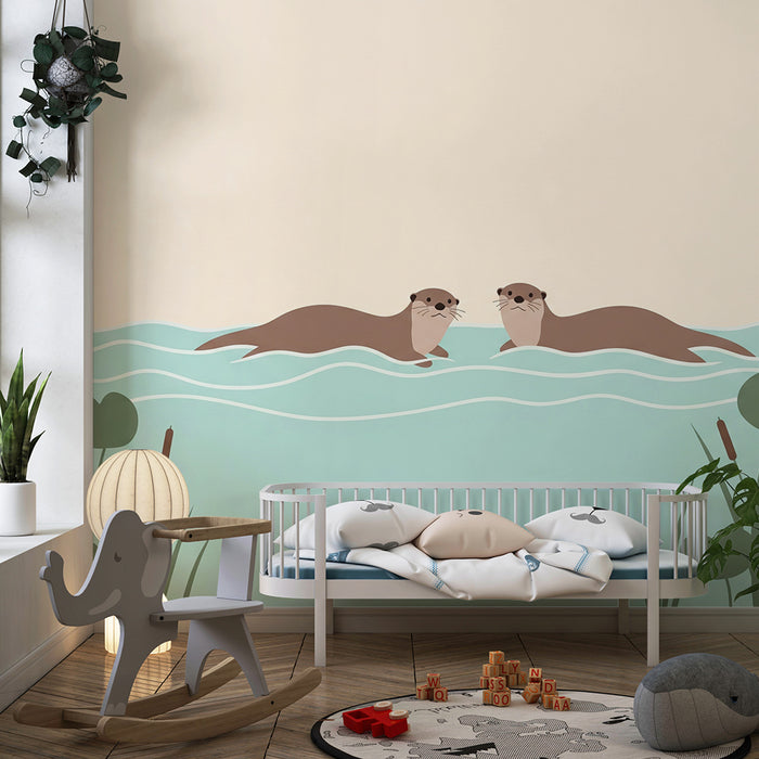 **Tapete Kinderzimmer | Fröhliche Otter schwimmen im ruhigen Wasser**