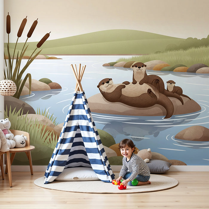 Children's room wallpaper | Happy otters on a rock by the water