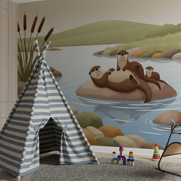 Children's room wallpaper | Happy otters on a rock by the water