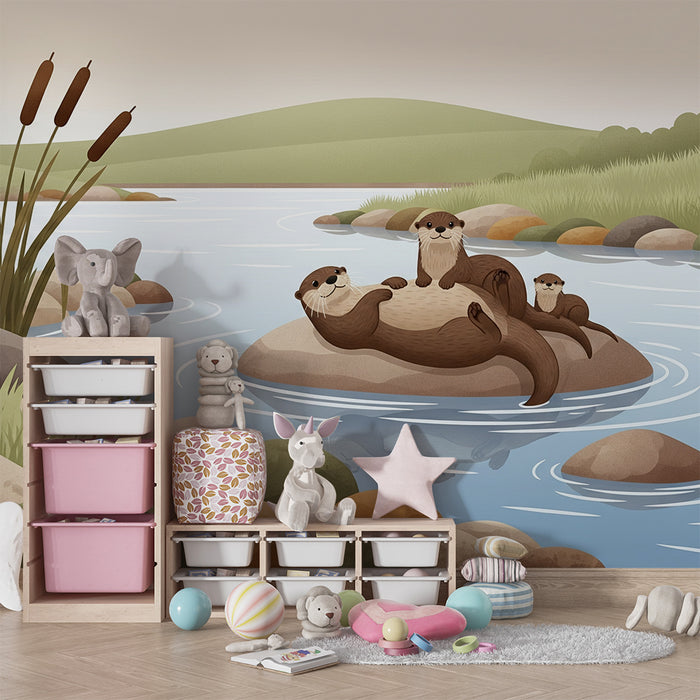 Children's room wallpaper | Happy otters on a rock by the water