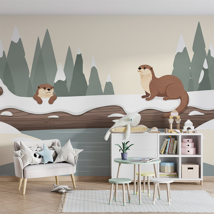 Kinderzimmer-Tapete | Fröhliche Otter auf einem verschneiten Baumstamm am Wasser