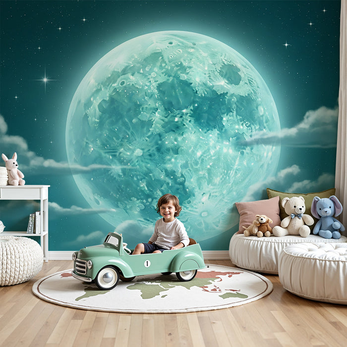 Papel de parede criança | Lua brilhante e céu estrelado com nuvens suaves