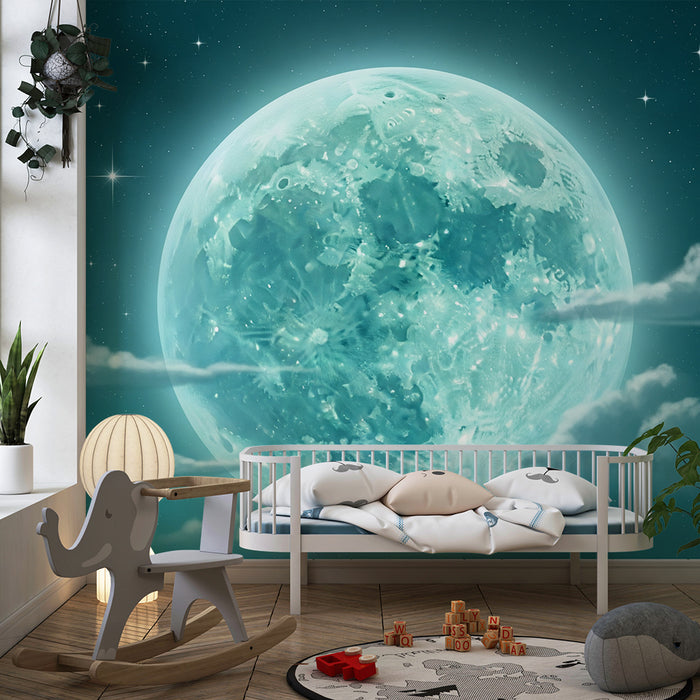 Papel de parede criança | Lua brilhante e céu estrelado com nuvens suaves