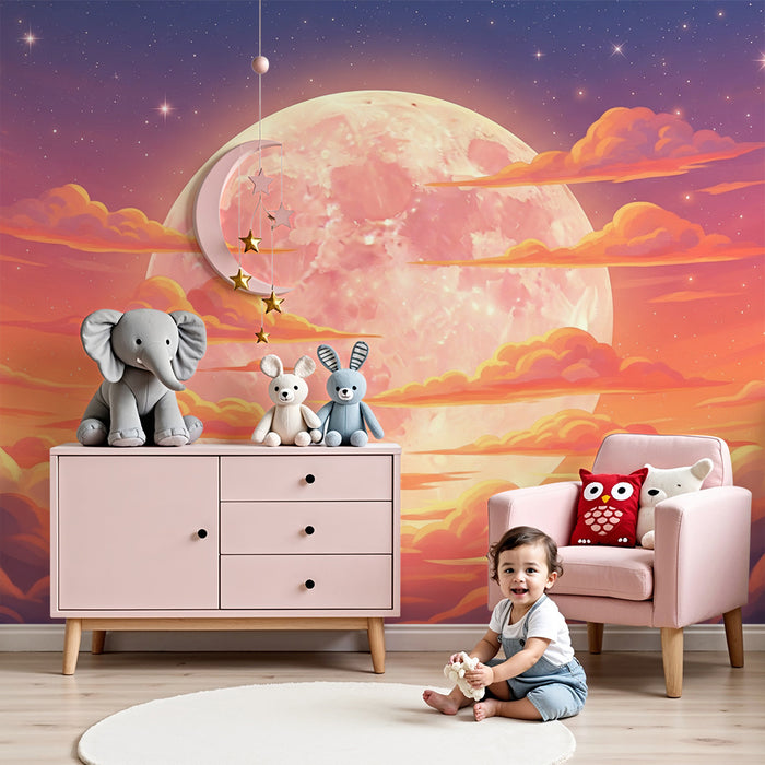 Kids room wallpaper | Bright moon and colorful clouds at twilight