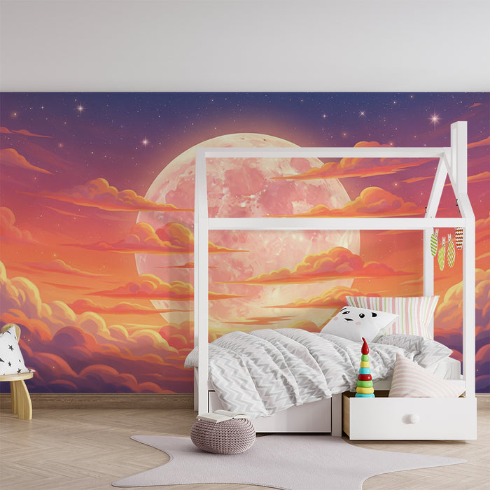 Kids room wallpaper | Bright moon and colorful clouds at twilight