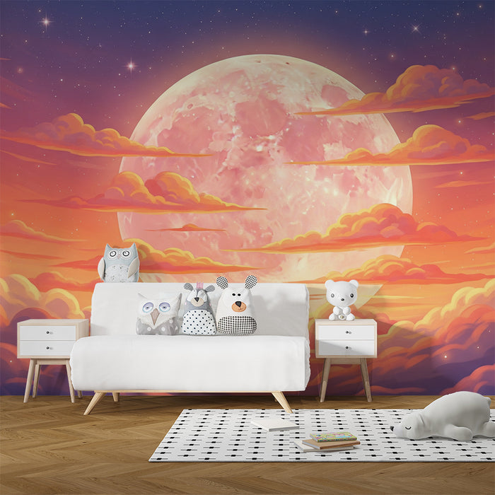 Kids room wallpaper | Bright moon and colorful clouds at twilight