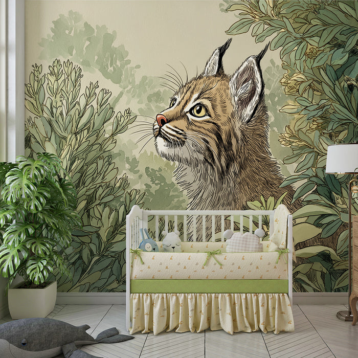 Detská tapeta | Zvedavý rys medzi zelenými listami