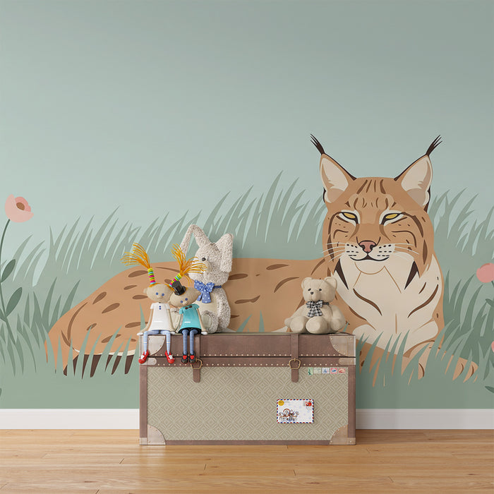 Tapete Kinderzimmer | Luchs im Blumenfeld
