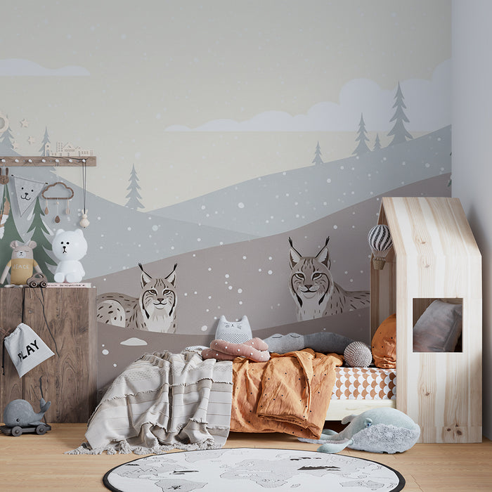 Barnväggstapet | Lodjur i snölandskap med granar