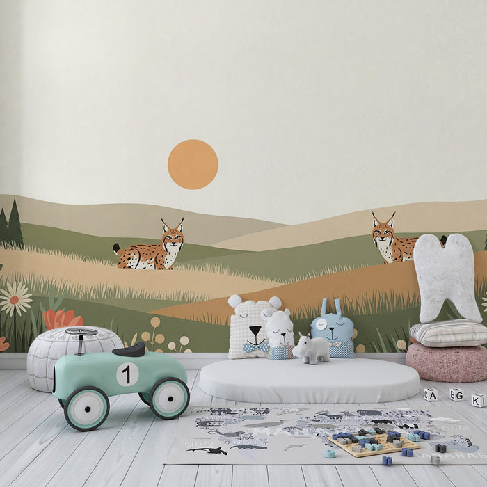 Kinderzimmer Tapete | Luchs in einer Naturlandschaft mit bunten Blumen