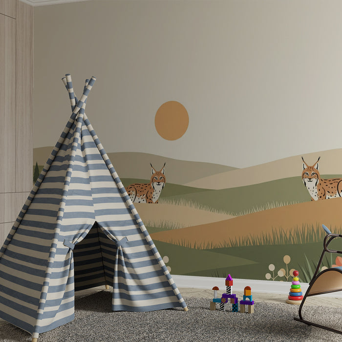 Kinderzimmer Tapete | Luchs in einer Naturlandschaft mit bunten Blumen