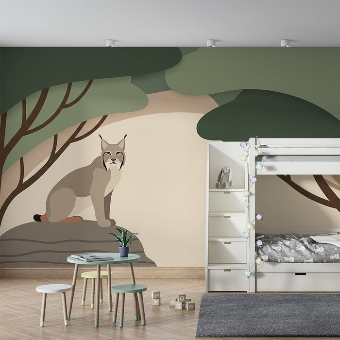 Papier peint chambre enfant | Lynx dans une forêt verdoyante
