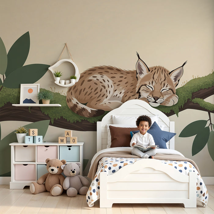 Papel pintado infantil | Lince dormido en una rama con follaje verde