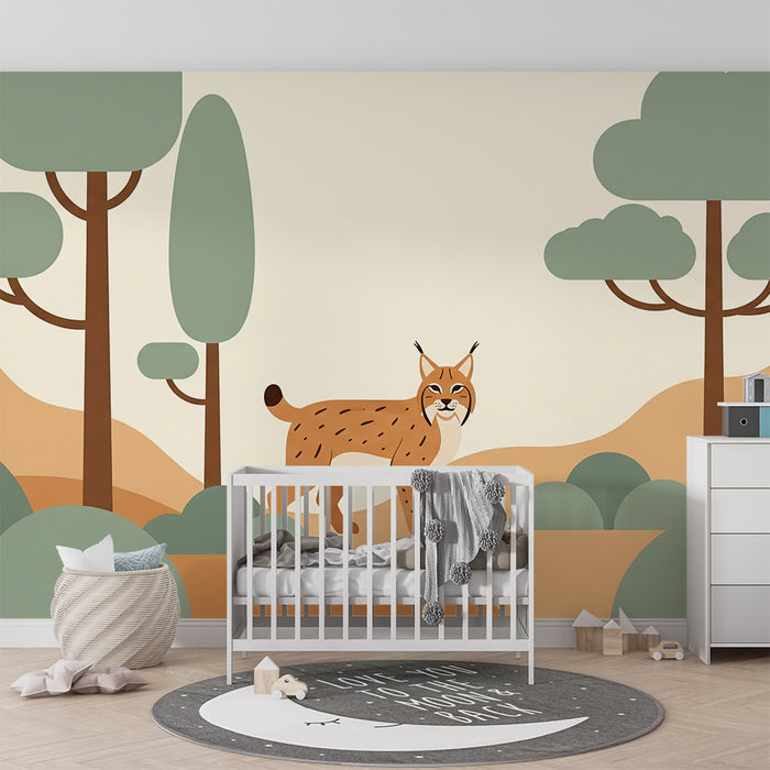 Behang kinderkamer | Speelse lynx in een zacht en natuurlijk landschap