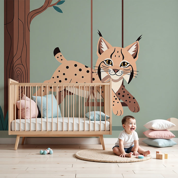 Papel de parede para quarto de criança | Lince brincalhão num baloiço na floresta