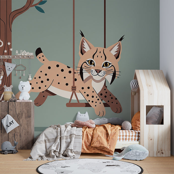 Papel de parede para quarto de criança | Lince brincalhão num baloiço na floresta
