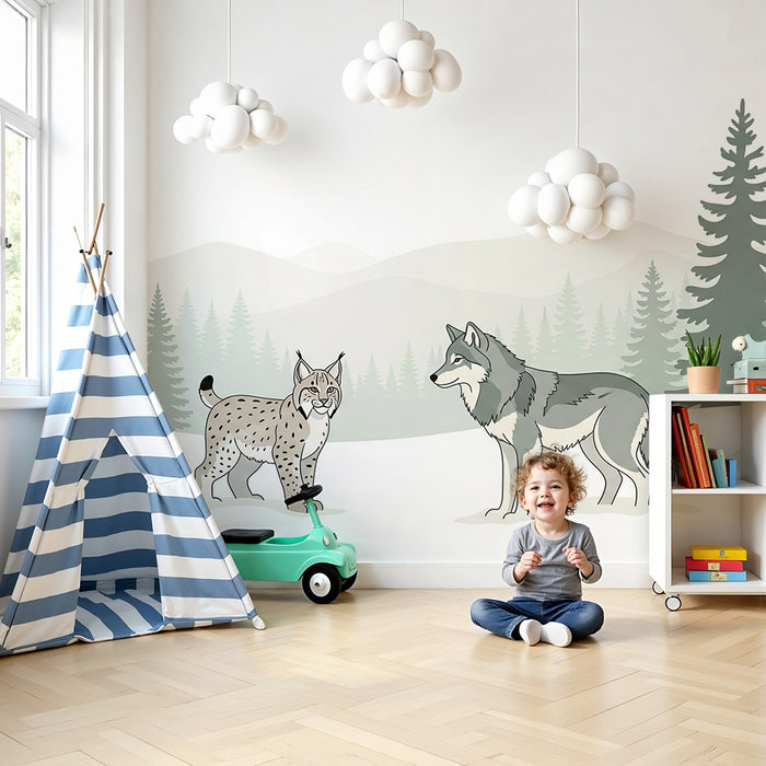 Kinderzimmer-Tapete | Luchs und Wolf im Winterwald