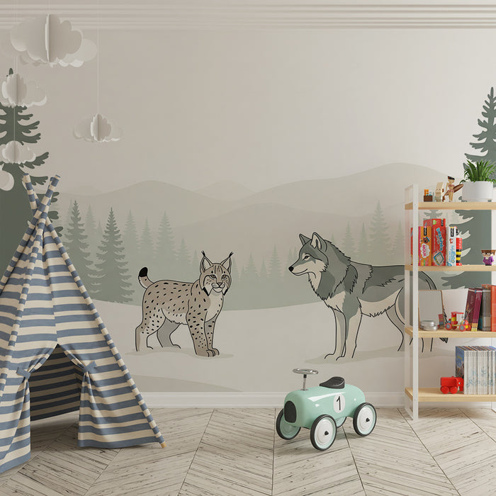 Kinderzimmer-Tapete | Luchs und Wolf im Winterwald