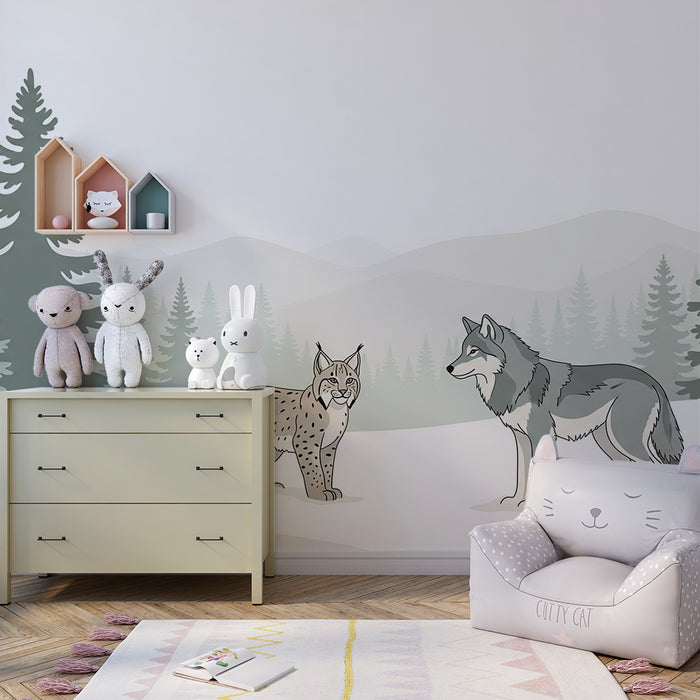 Kinderzimmer-Tapete | Luchs und Wolf im Winterwald