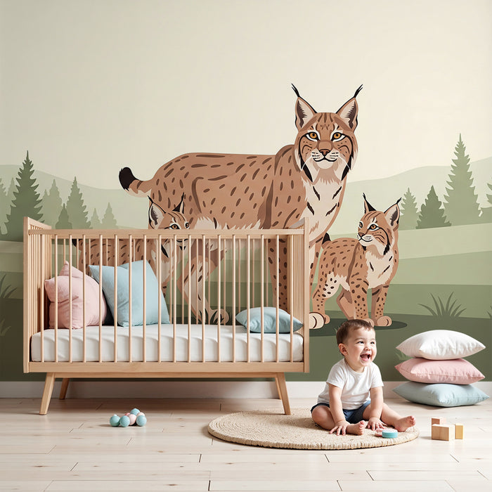 Kinderzimmer Tapete | Luchs mit Jungen in einer beruhigenden Waldlandschaft