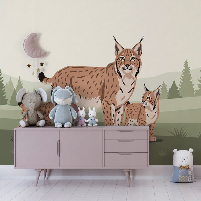 Kinderzimmer Tapete | Luchs mit Jungen in einer beruhigenden Waldlandschaft