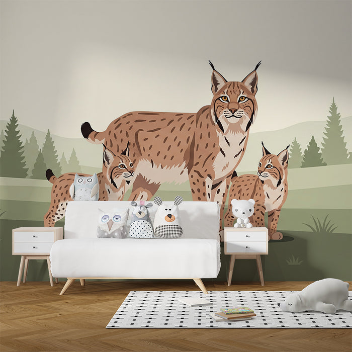 Kinderzimmer Tapete | Luchs mit Jungen in einer beruhigenden Waldlandschaft