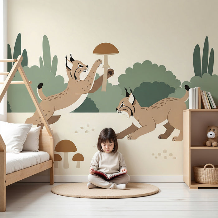 Carta da parati per camera bambini | Linci giocano tra i funghi