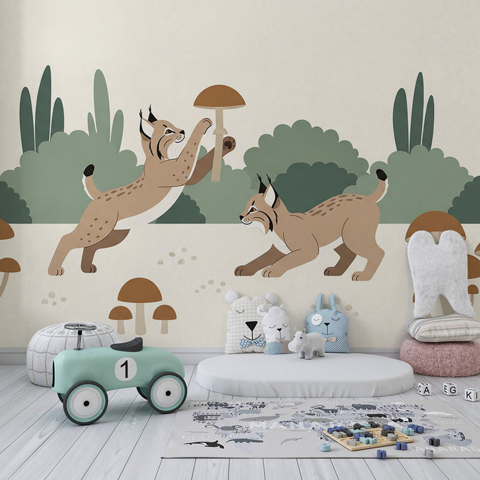 Carta da parati per camera bambini | Linci giocano tra i funghi