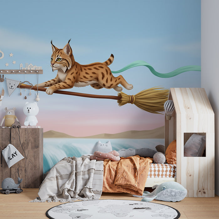 Kinderzimmer Tapete | Magischer Luchs auf einem Besen über einem Wasserfall