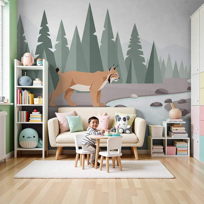 Papier peint chambre enfant | Lynx majestueux au bord d'un ruisseau en pleine nature