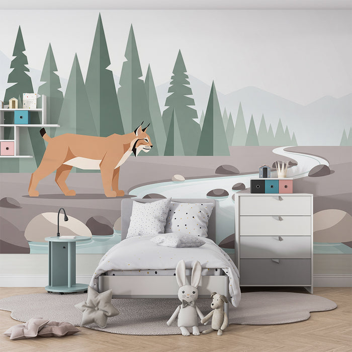 Papier peint chambre enfant | Lynx majestueux au bord d'un ruisseau en pleine nature