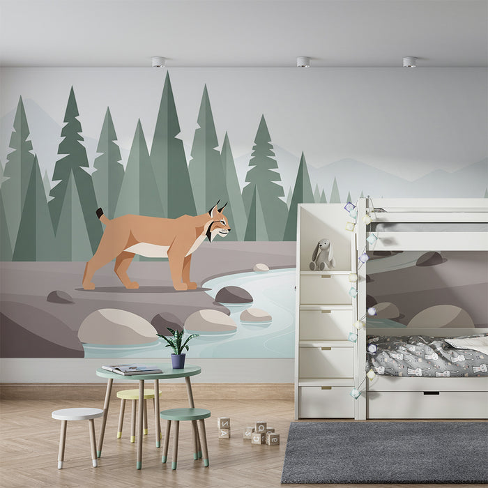 Papier peint chambre enfant | Lynx majestueux au bord d'un ruisseau en pleine nature