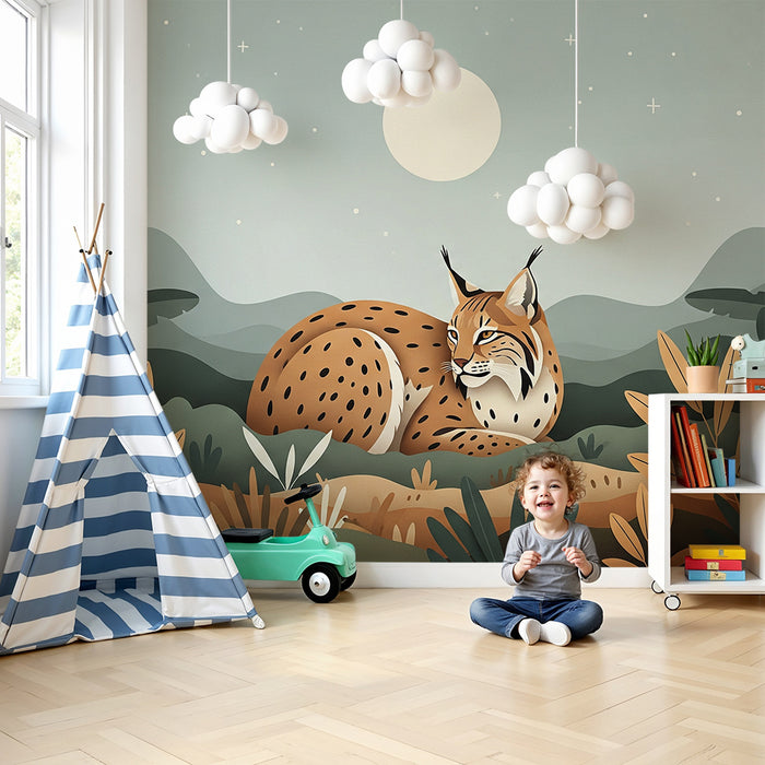 Papier peint chambre enfant | Lynx majestueux au clair de lune dans un paysage naturel