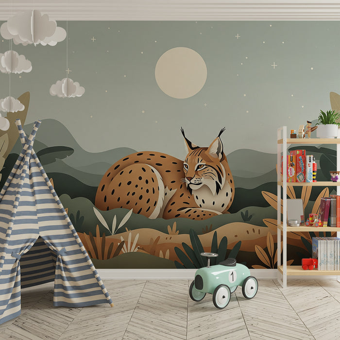 Papier peint chambre enfant | Lynx majestueux au clair de lune dans un paysage naturel