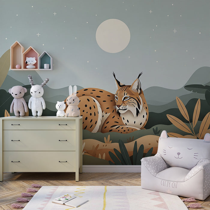 Papier peint chambre enfant | Lynx majestueux au clair de lune dans un paysage naturel