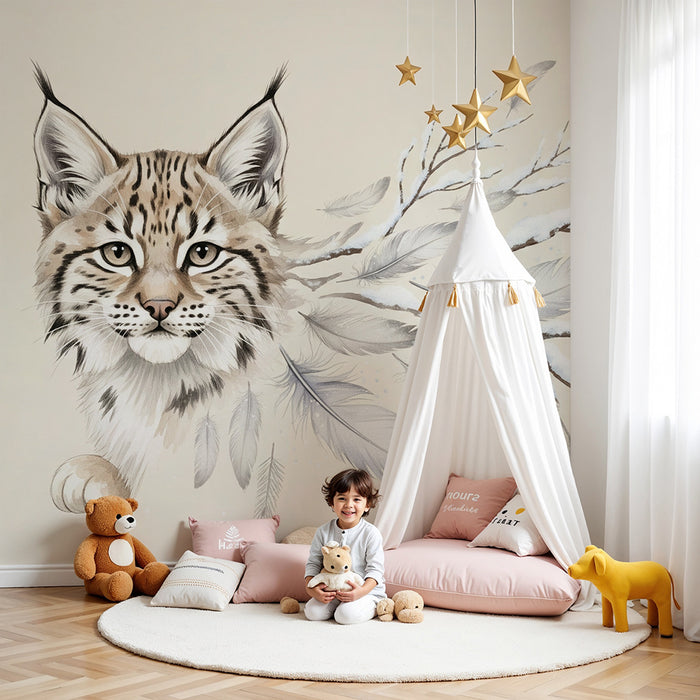 **Papier peint chambre enfant | Lynx majestueux entouré de branches et plumes délicates**

**Tapete Kinderzimmer | Majestätischer Luchs umgeben von zarten Zweigen und Federn**