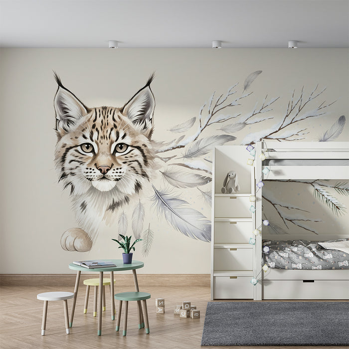 **Papier peint chambre enfant | Lynx majestueux entouré de branches et plumes délicates**

**Tapete Kinderzimmer | Majestätischer Luchs umgeben von zarten Zweigen und Federn**