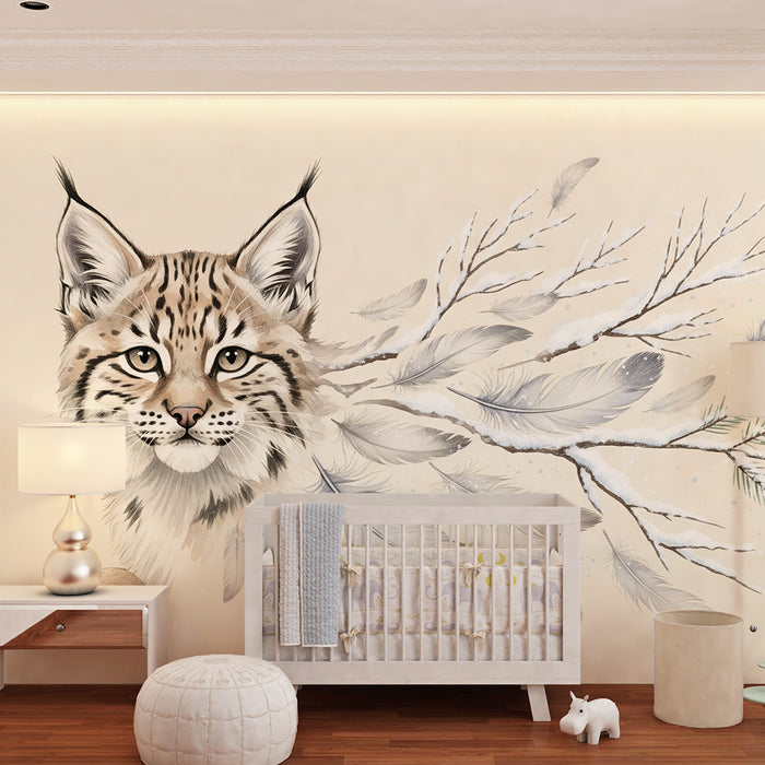 **Papier peint chambre enfant | Lynx majestueux entouré de branches et plumes délicates**

**Tapete Kinderzimmer | Majestätischer Luchs umgeben von zarten Zweigen und Federn**