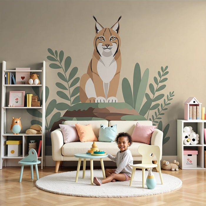Behang kinderkamer | Majestueuze lynx omringd door weelderig groen blad