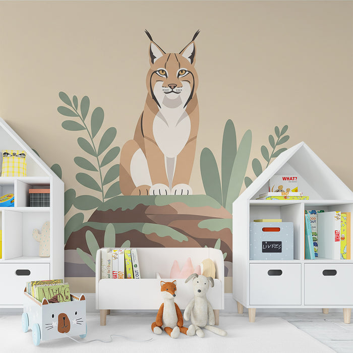 Behang kinderkamer | Majestueuze lynx omringd door weelderig groen blad