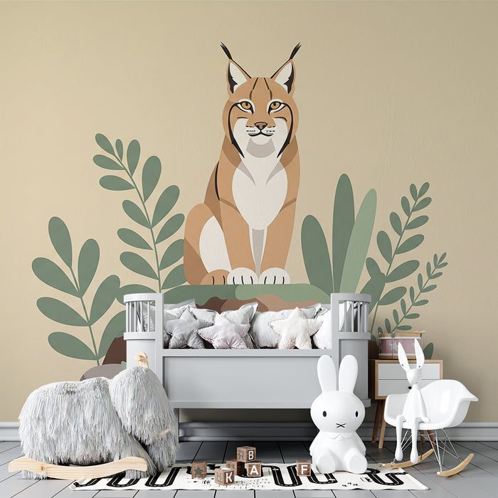 Behang kinderkamer | Majestueuze lynx omringd door weelderig groen blad