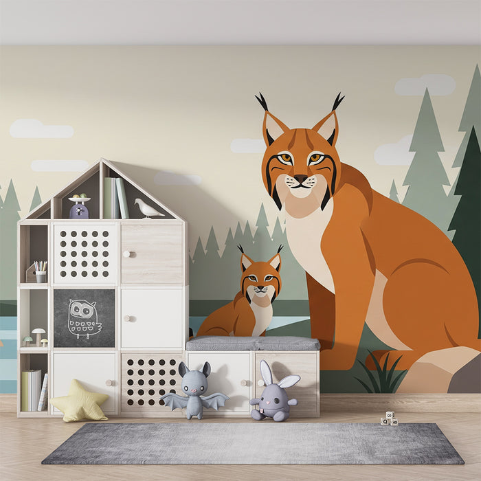 Kids' Room Wallpaper | Majestic Lynx and Cub by the Water
