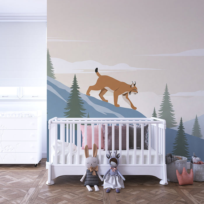 **Text translated to Romanian:**

Tapet pentru camera copiilor | Linx maiestuos pe munți cu brazi