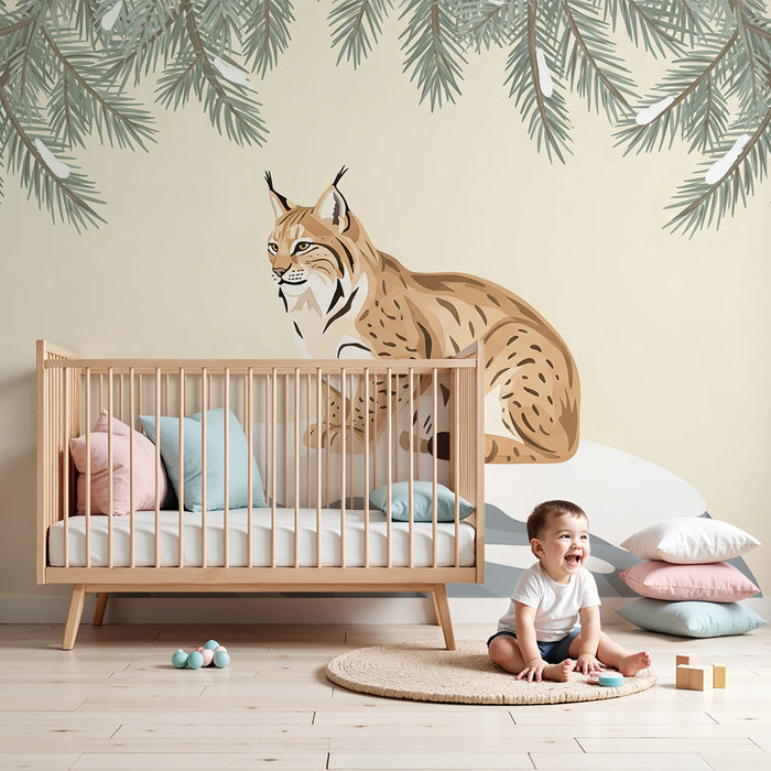 Papier peint chambre enfant | Lynx majestueux sur un rocher enneigé entouré de sapins