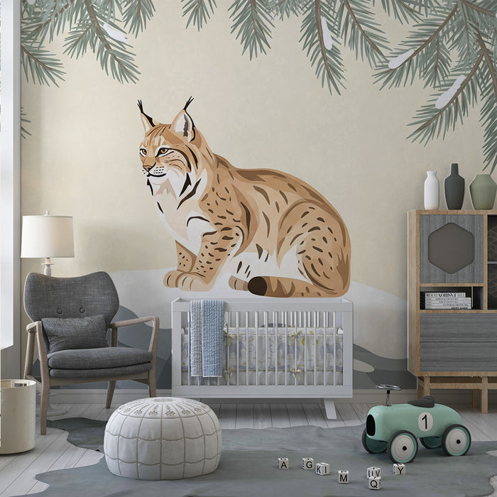 Papier peint chambre enfant | Lynx majestueux sur un rocher enneigé entouré de sapins