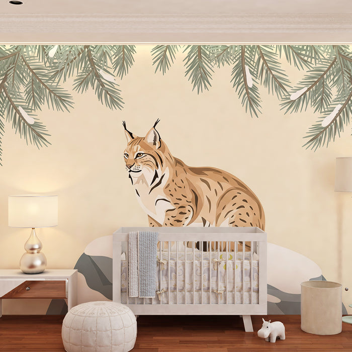 Papier peint chambre enfant | Lynx majestueux sur un rocher enneigé entouré de sapins