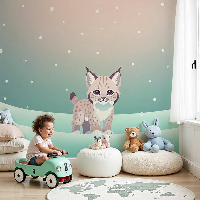 Kinderzimmer Tapete | Niedlicher Luchs in einer verschneiten Landschaft