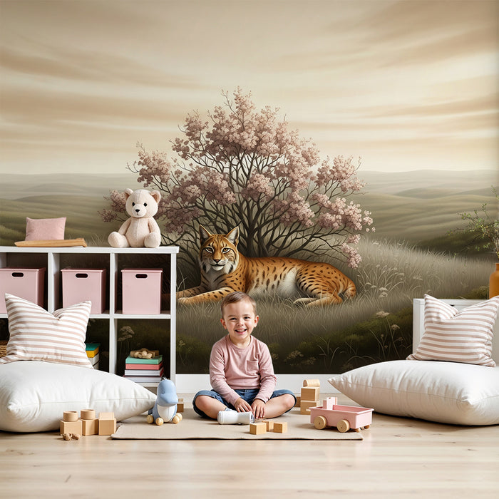 Kinderzimmer Tapete | Friedlicher Luchs unter blühendem Baum in sanfter Landschaft