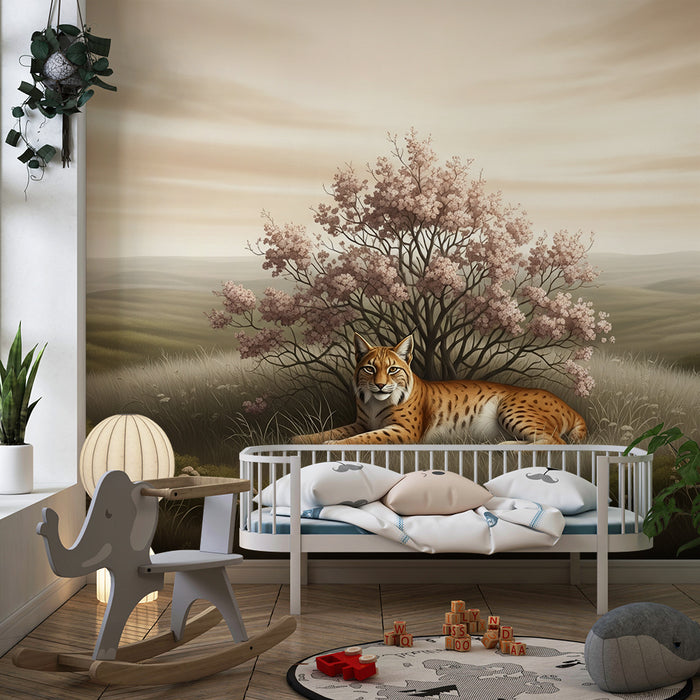 Kinderzimmer Tapete | Friedlicher Luchs unter blühendem Baum in sanfter Landschaft
