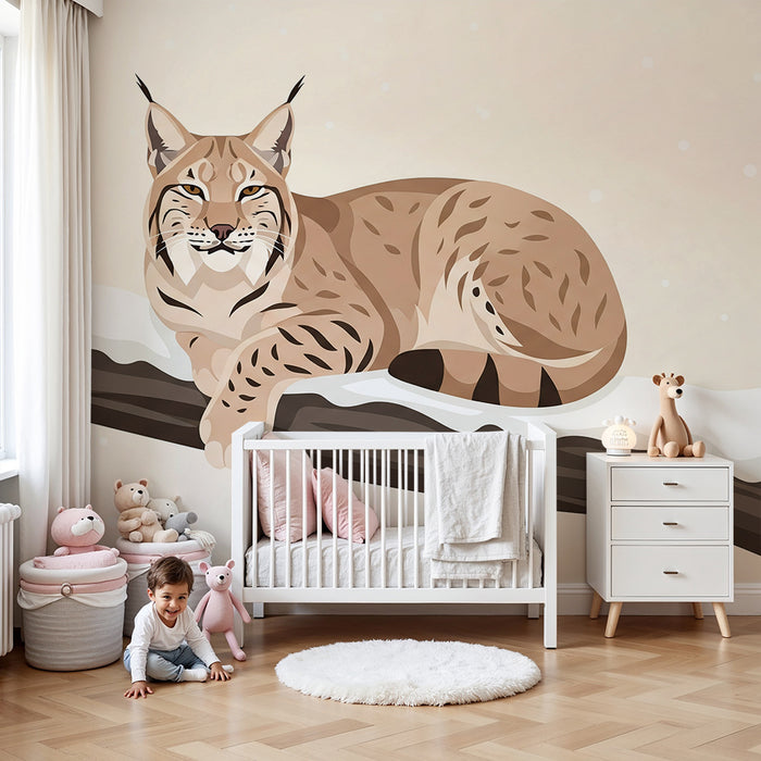 Papier peint chambre enfant | Lynx paisible sur une branche enneigée